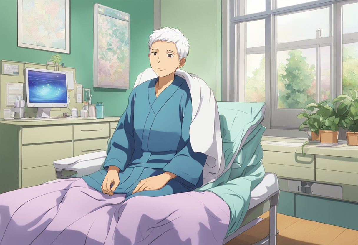 A digital anime illustration of a hospital patient laying in bed