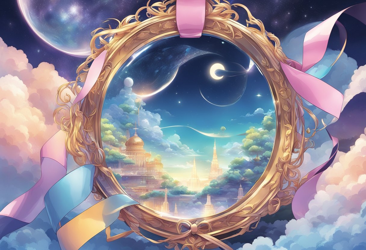 A mystical mirror amongst the clouds with ribbons, peering into the future