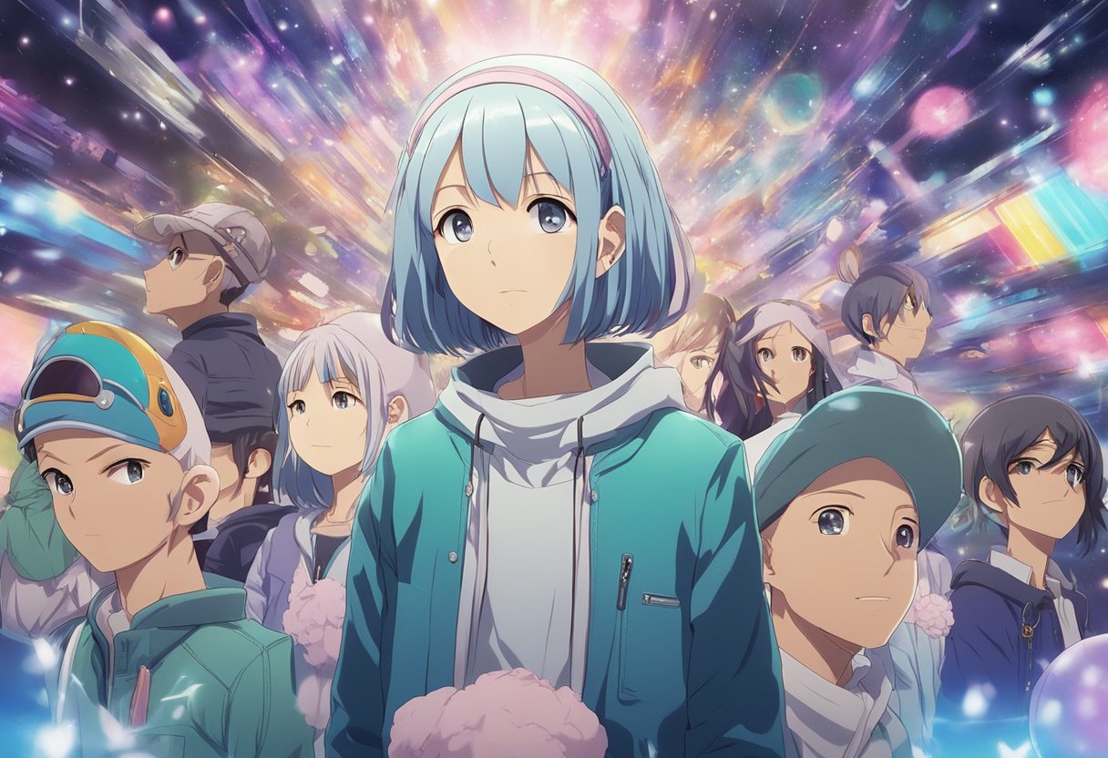 A digital anime illustration of a heroes billboard with colorful, fast moving light in space.