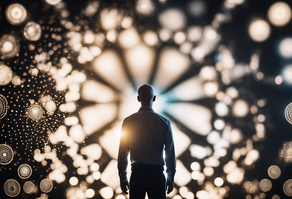 Digital illustration of a man, looking into the center of a bright light, with what appears to be stars or fireworks going off in front of him.