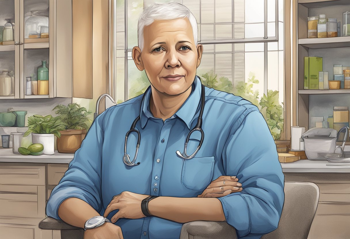 A digital illustration of an older female doctor having a portrait taken