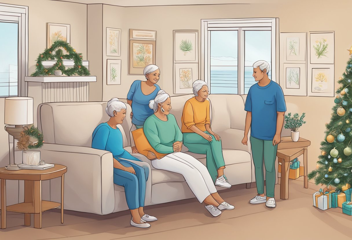 A digital illustration of a family in the living room for the holidays