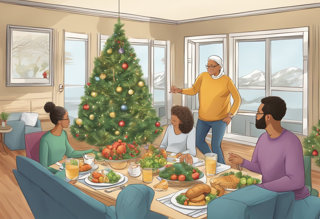 A digital illustration of a family sitting down to a holiday feast at the dinning table