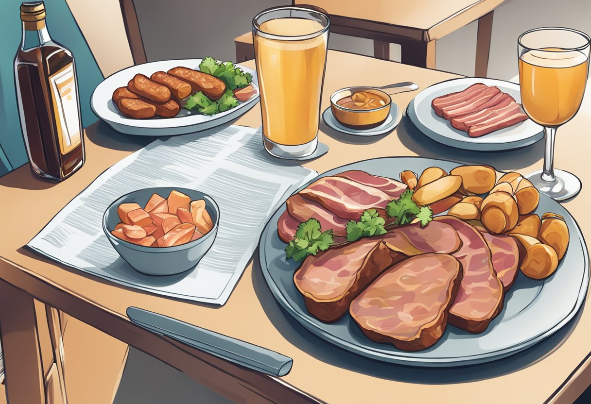 A digital illustration of meats and alcohol on a table for dinner