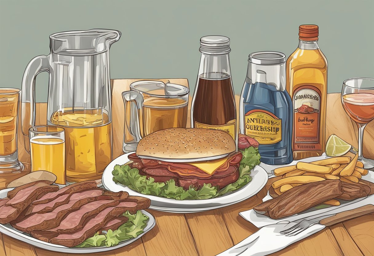 A digital depiction of a delectable burger accompanied by golden fries and refreshing beverages.