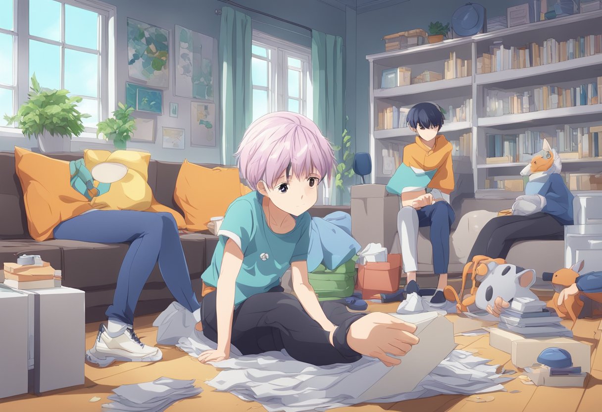 A weird digital anime illustration of 4 people sitting in a messy living/study room.
