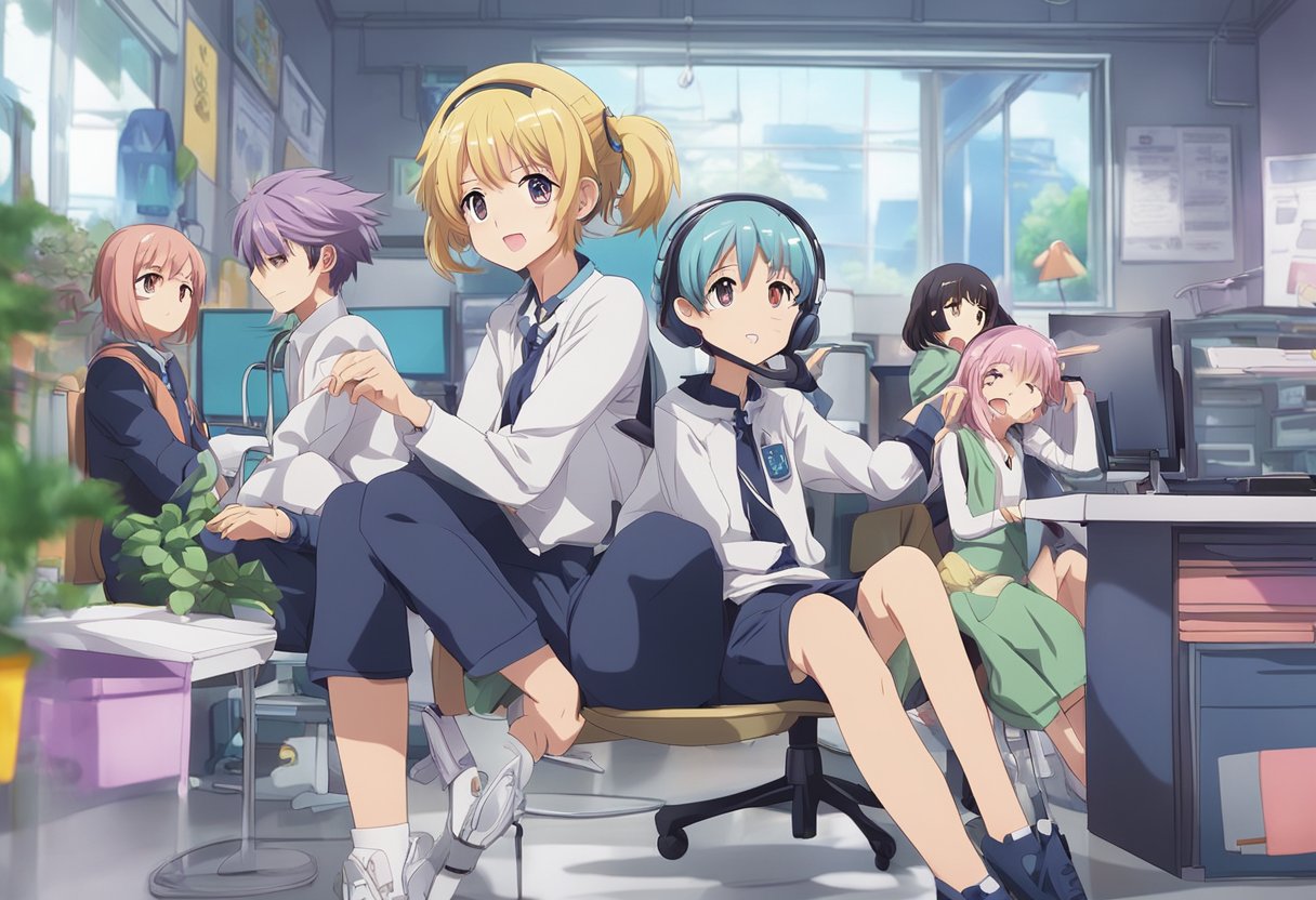 A digital anime of 6 women posing in an office working