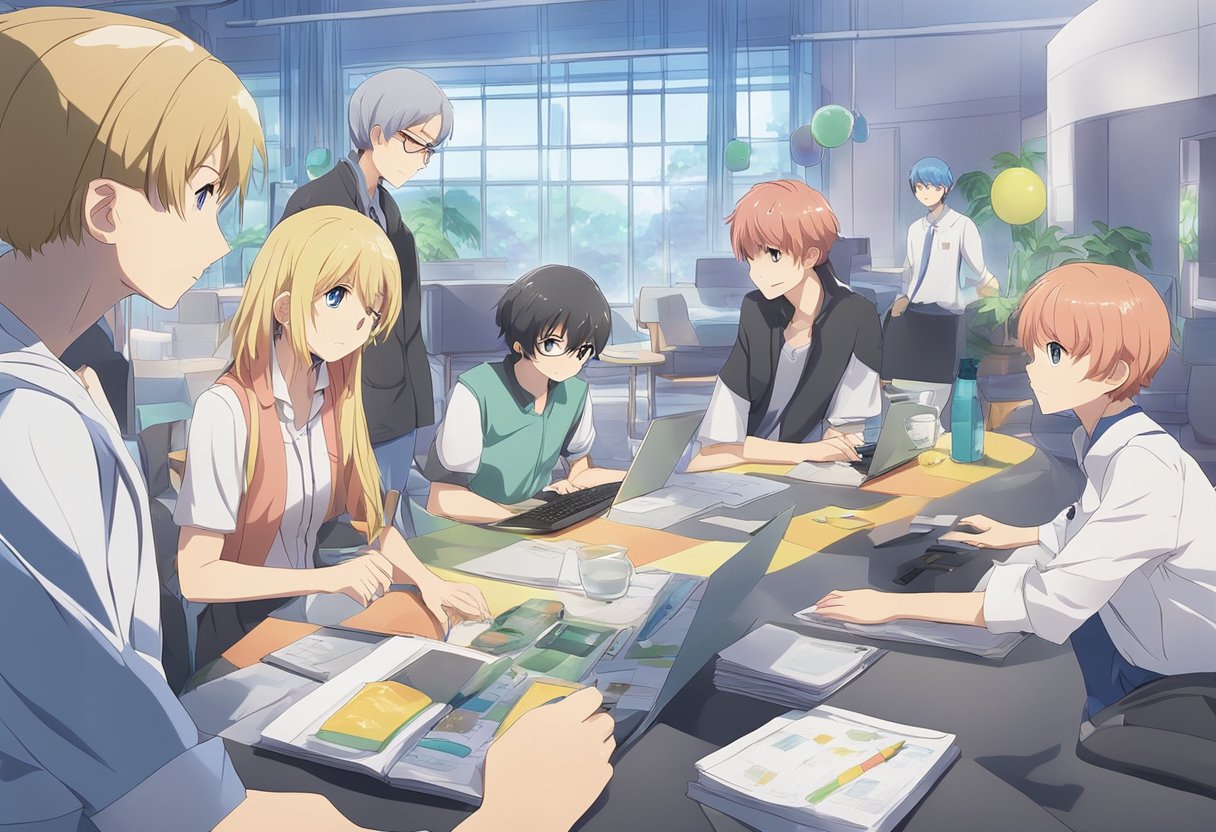 A DIGITAL ANIME OF SEVEN PEOPLE WORKING AT A DESK