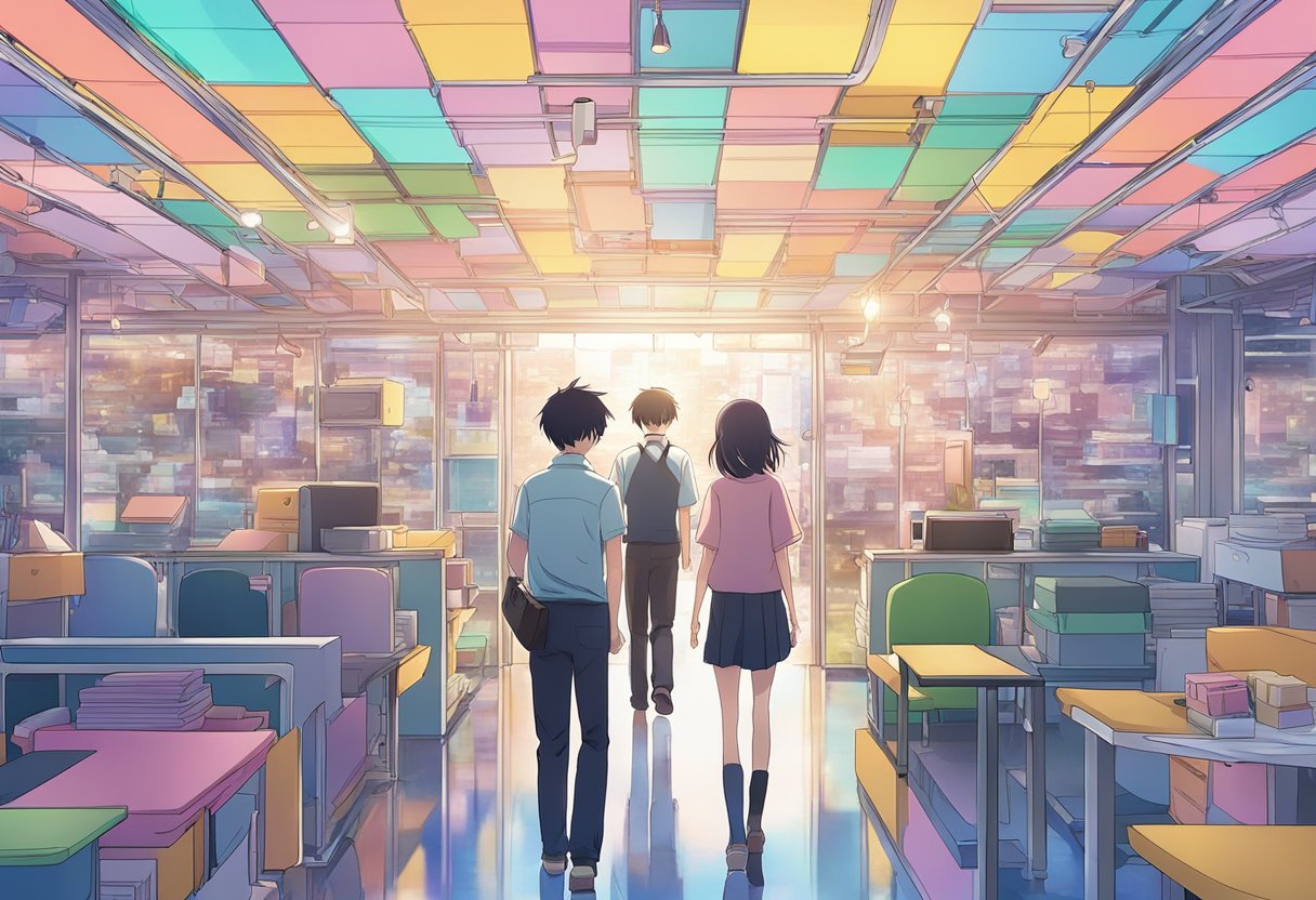 A digital anime of 3 people walking through an office room into the light