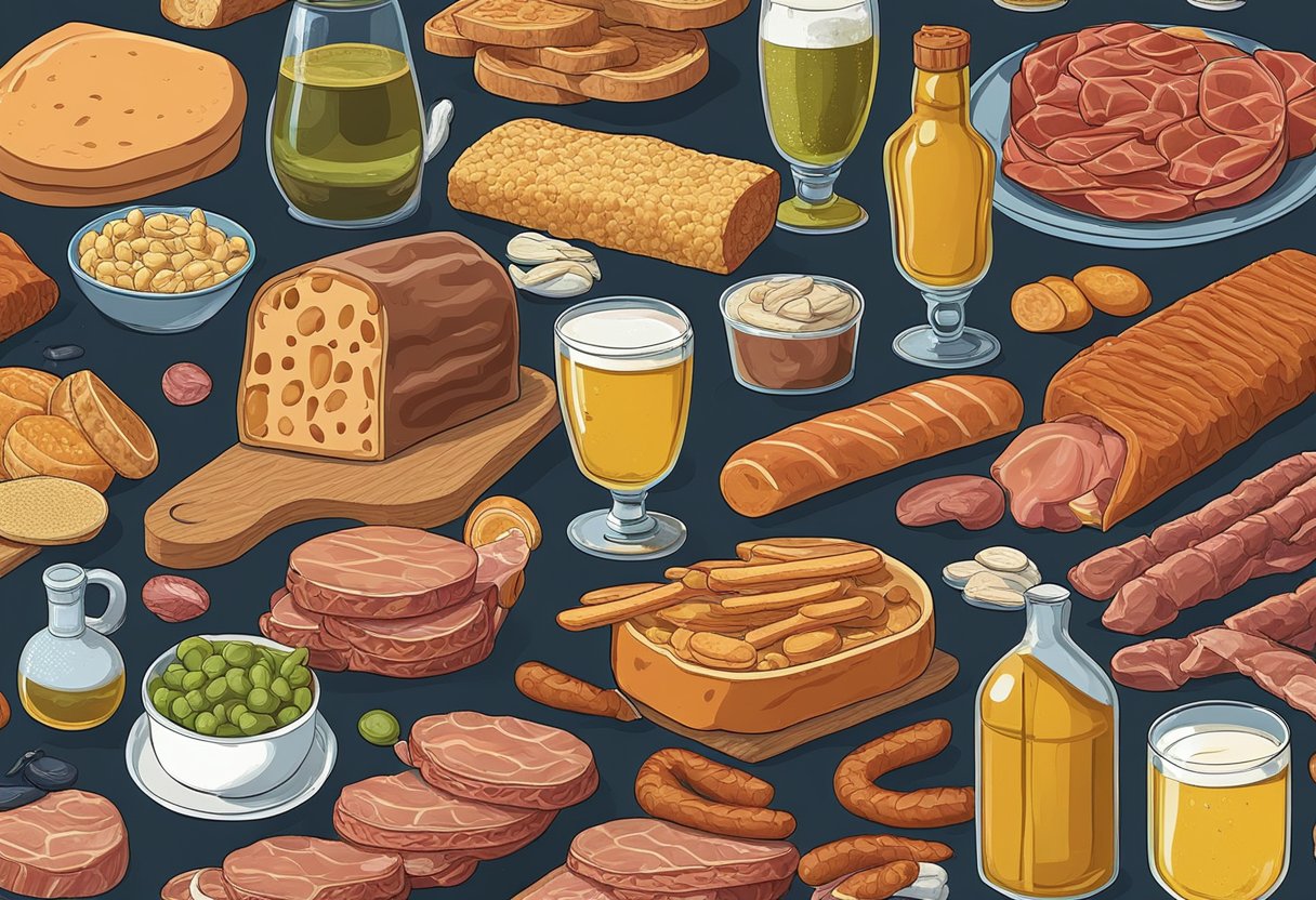 A captivating digital collage showcasing an assortment of delectable meats, savory sausages, delectable breads, and refreshing ales.