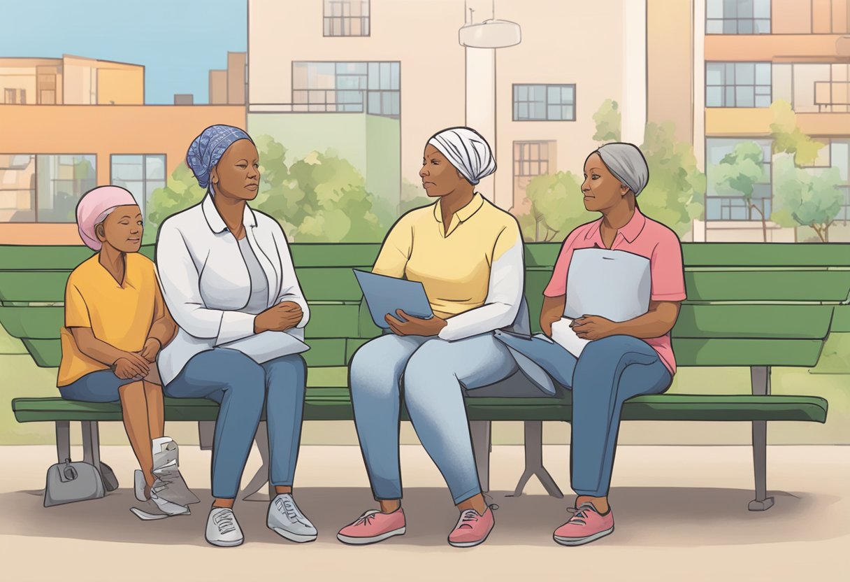 A digital illustration of a group of women and young adult, sitting on a park bench in discussio