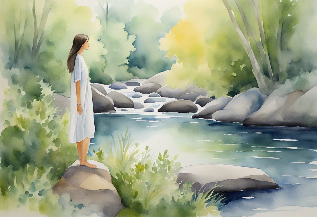 A digital watercolor of a lady standing on a rock overlooking a pond surrounded by a forest