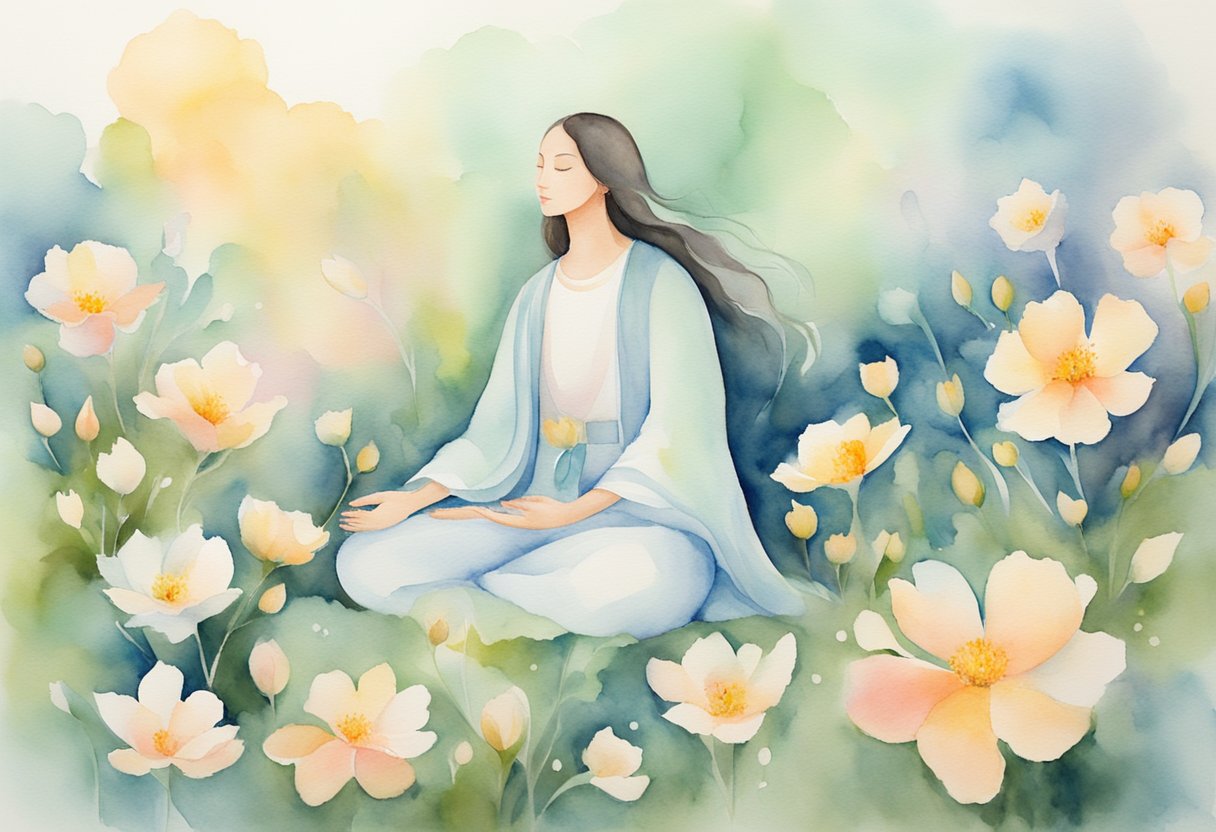 A digital watercolor of a lady practicing meditation