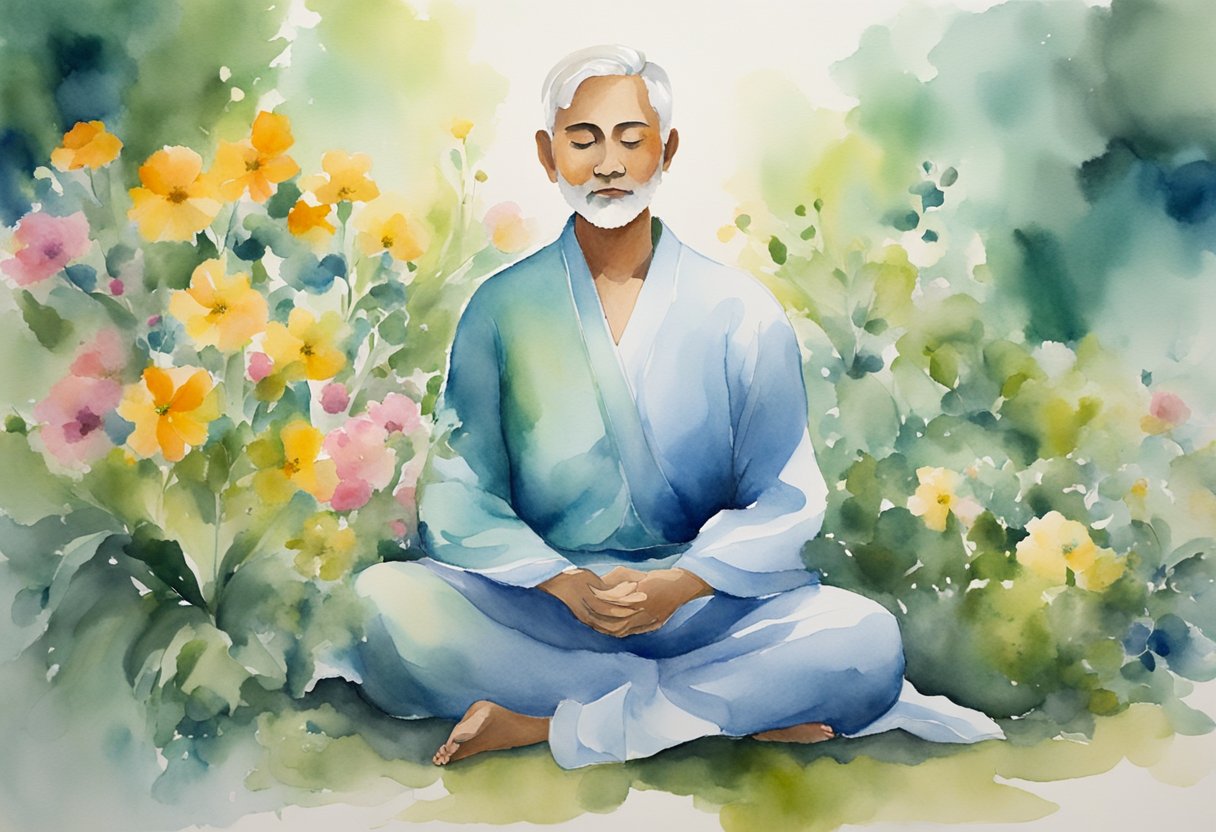 A digital watyercolor of a man practicing meditation amondst flowers