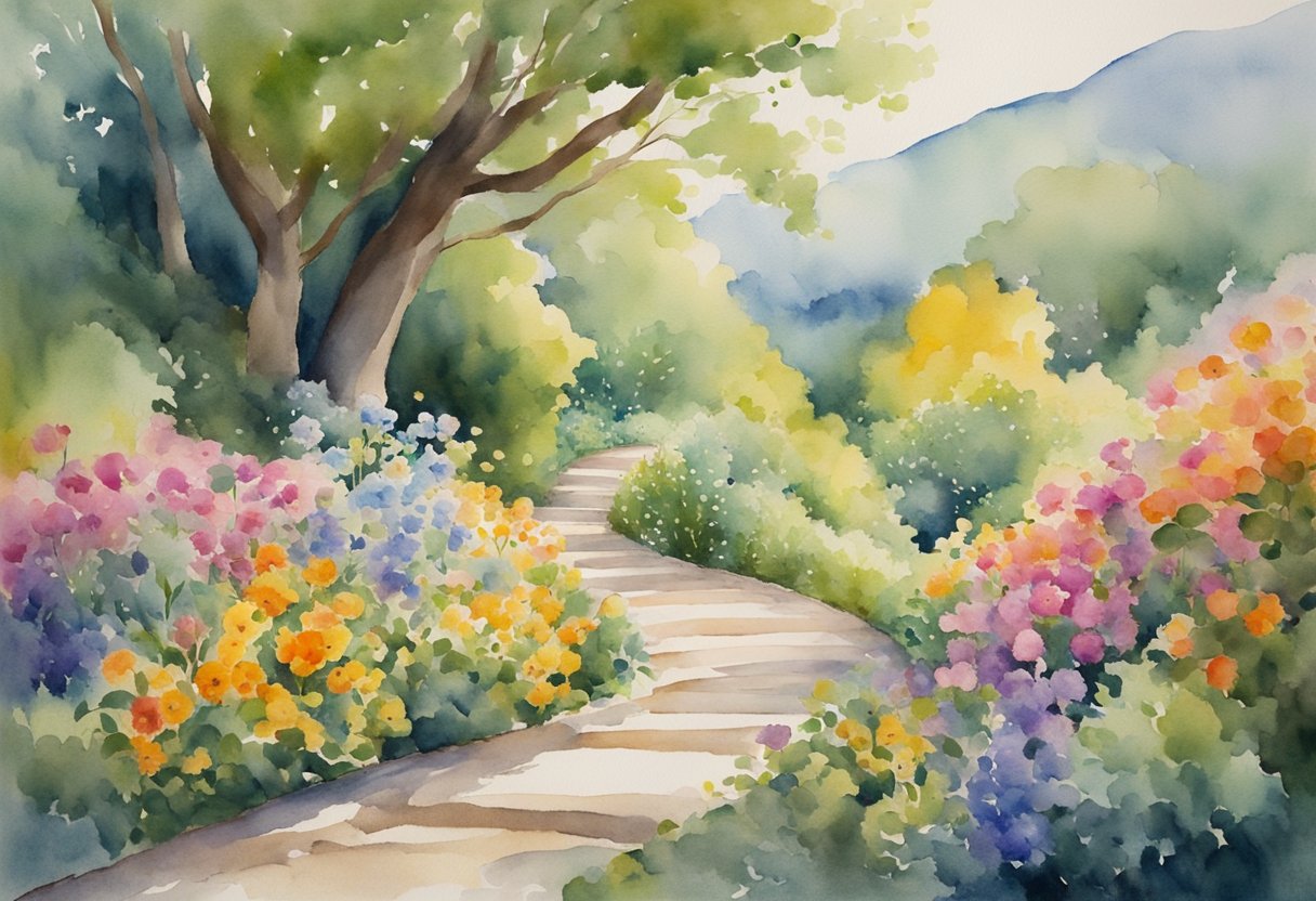A digital watercolor of a path through colorful flowers along a hillside