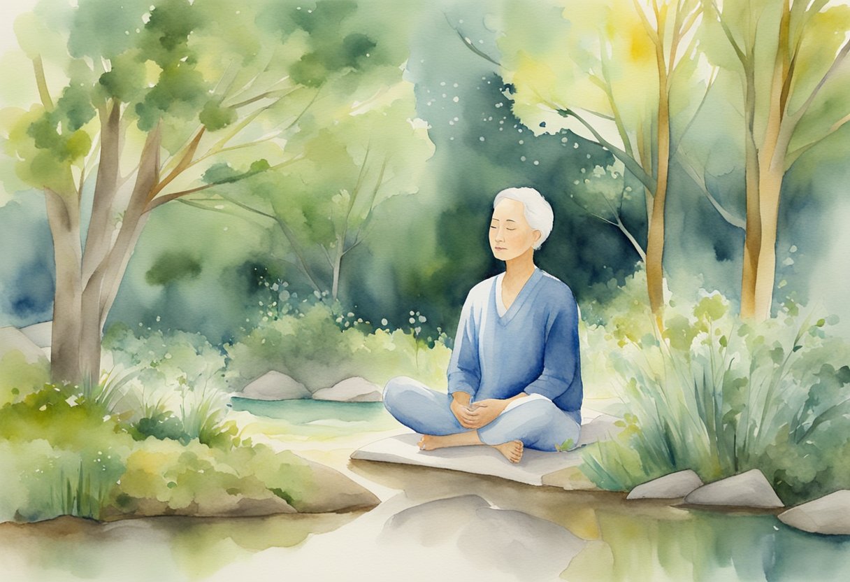A digital watercolor of a lady meditating by a pond