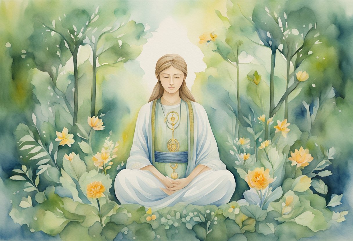 A digital watercolor of a lady practicing meditation