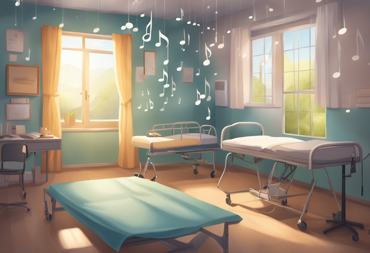 A digital illustration of a hospital room with music notes hanging ornaments