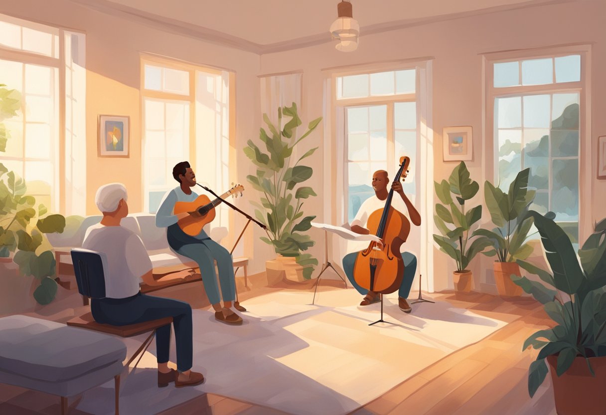 A digital illustration of 3 people playing music in a warm sun filled room