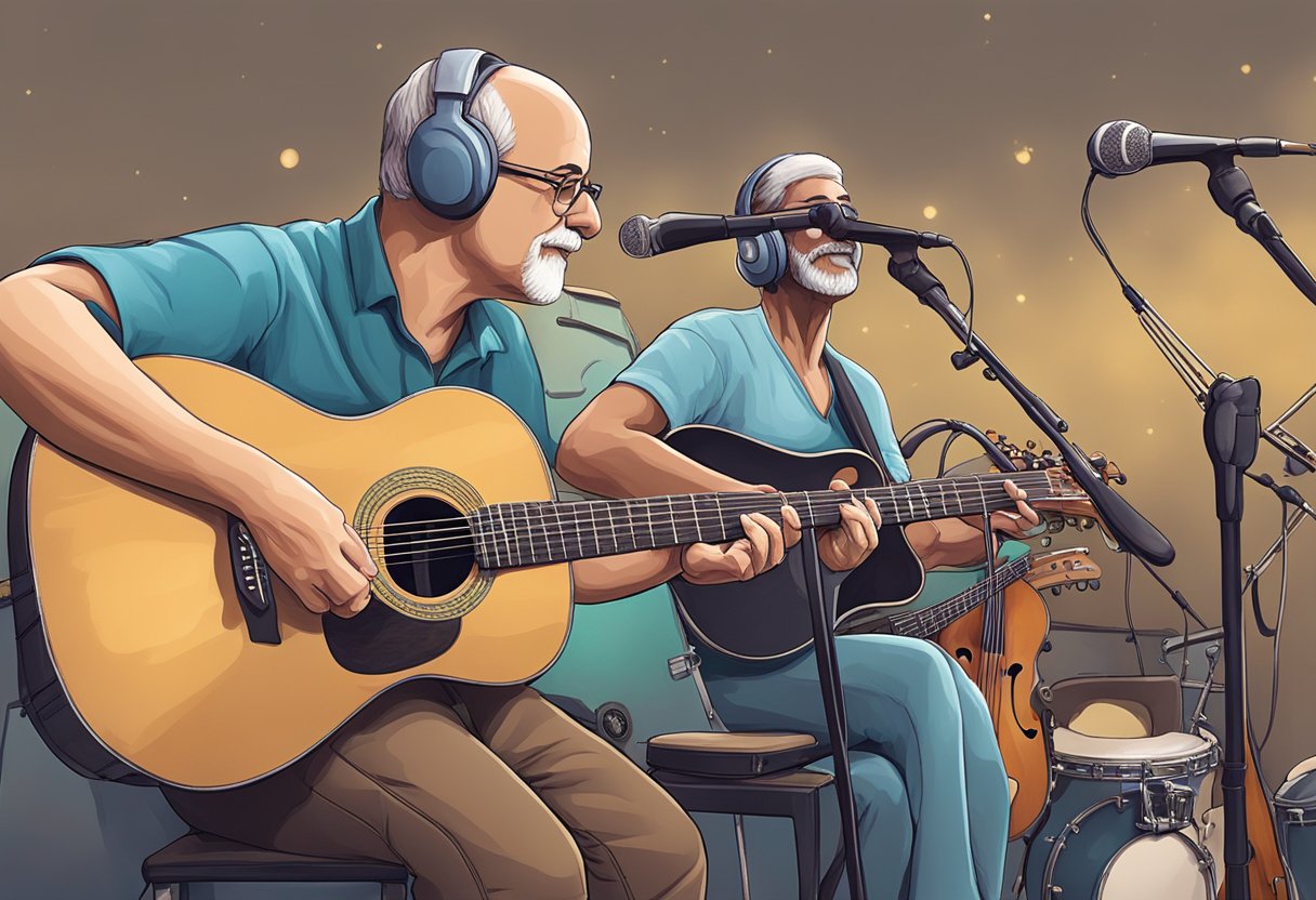 A digital illustration of two people playing string instruments at a recording session.