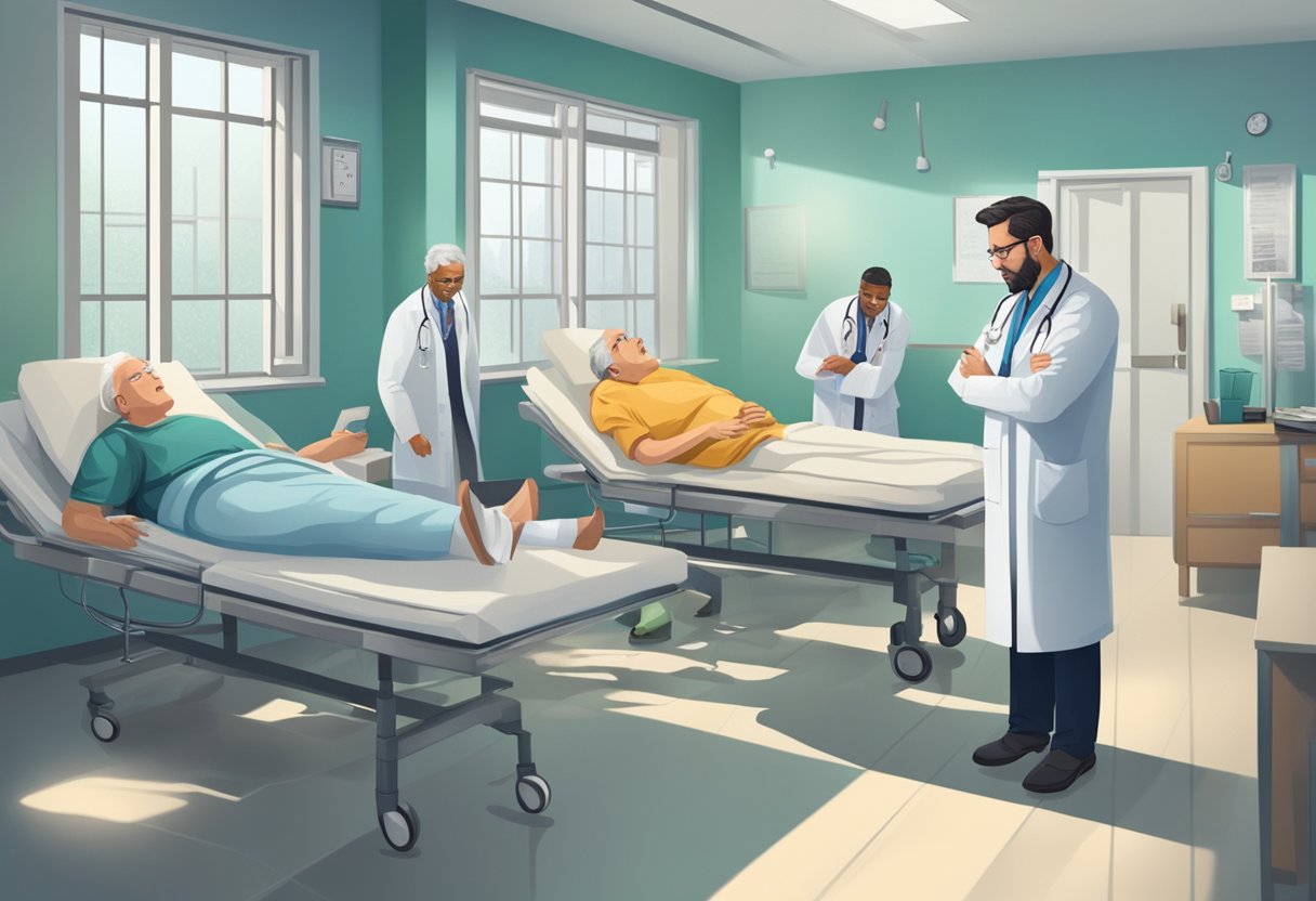A digital illustration of doctors attending multiple patients in a hospital room