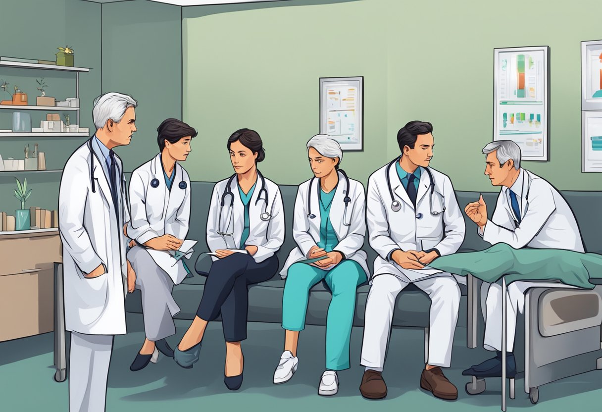 A digital illustration of a room full of doctors