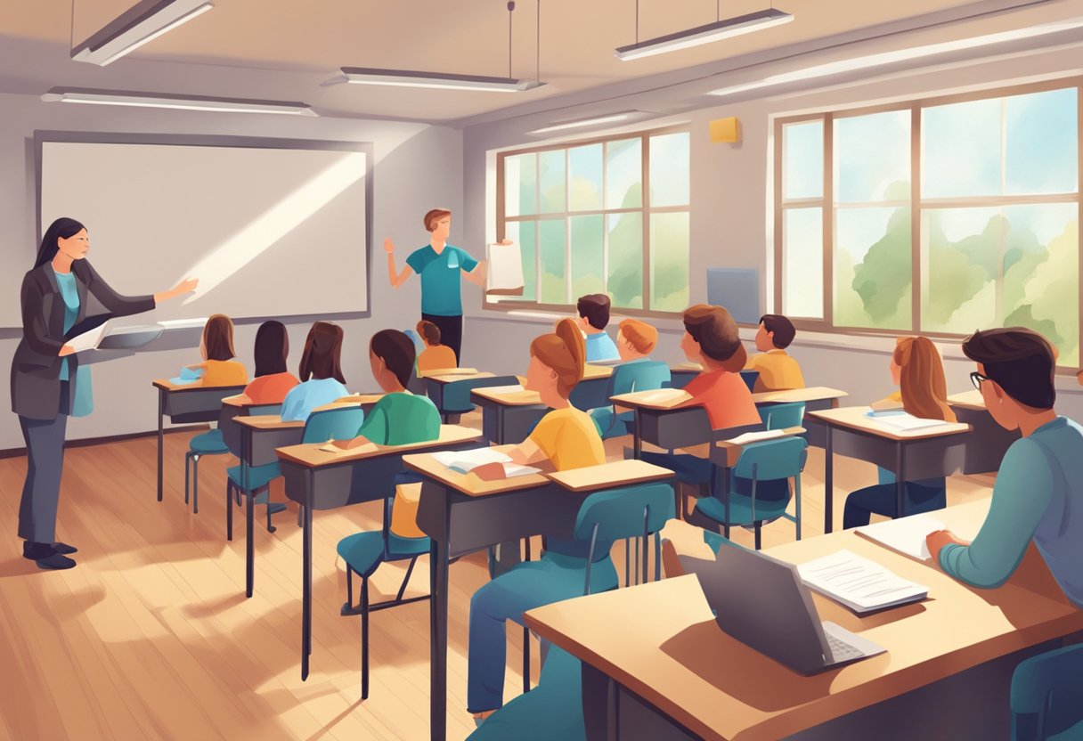 A digital illustration of a medical school classroom