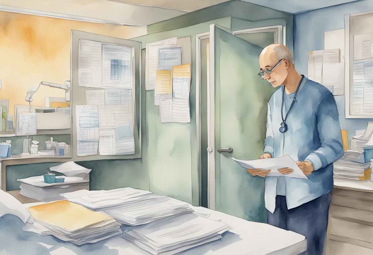 A digital watercolor of a man organizing his bills