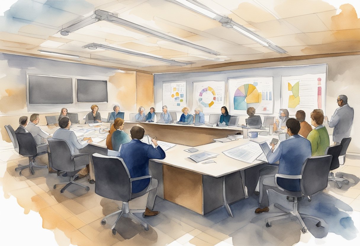 A digital watercolor of a large medical boardmeeting