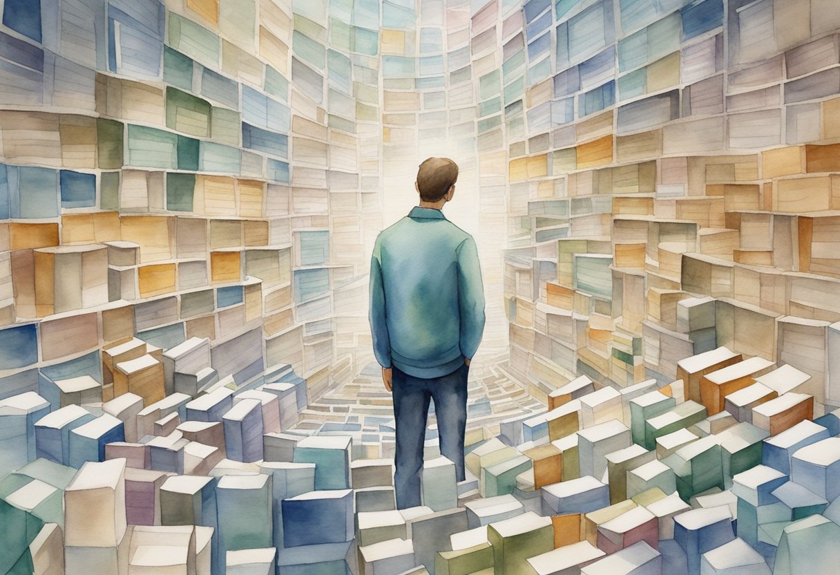 A digital watercolor of a man surrounded by colorful books