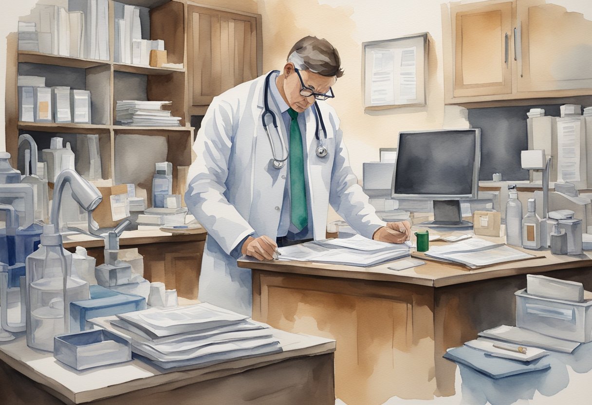 A digital watercolor of a doctor working in a lab
