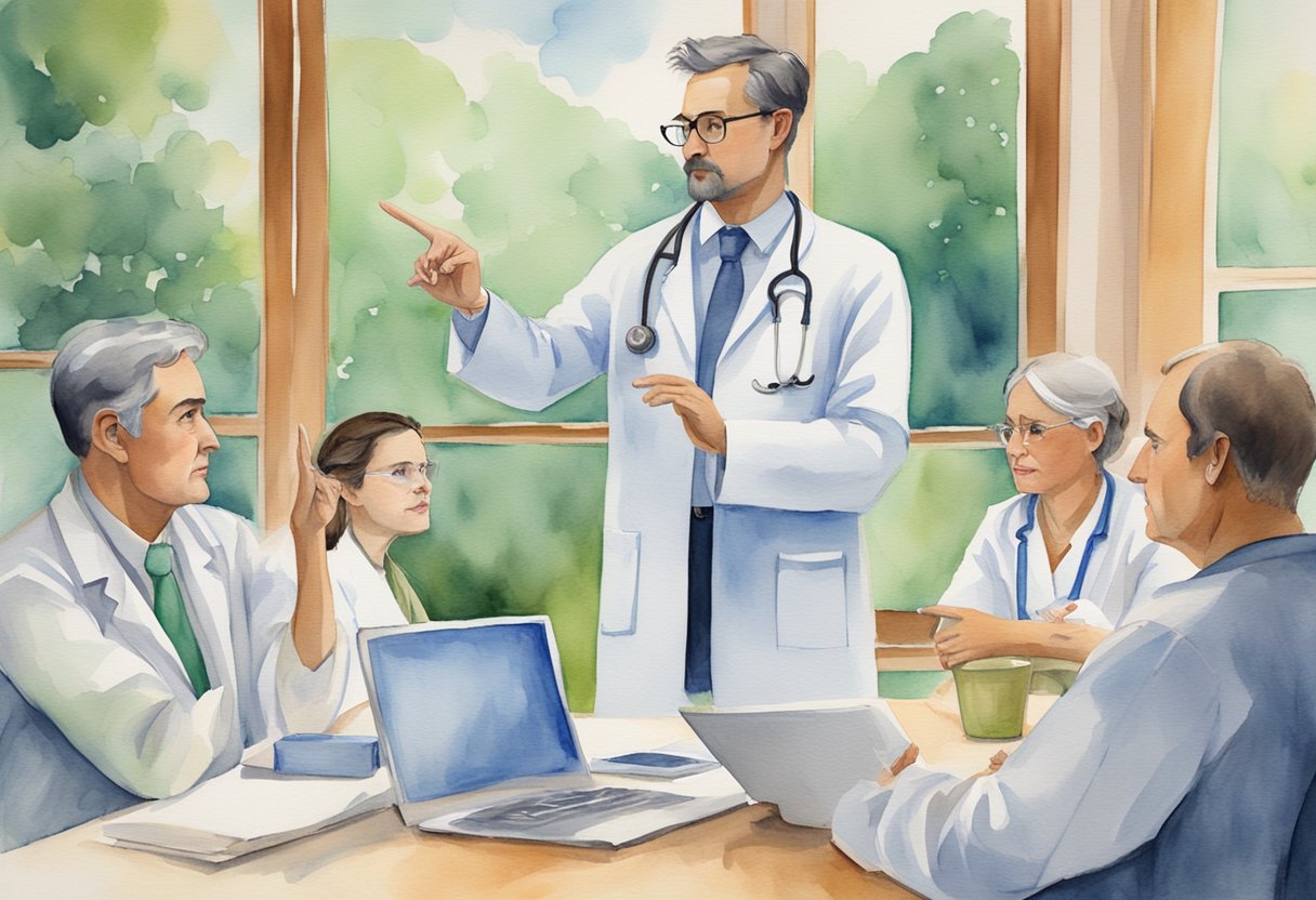 A digital watercolor of doctors in heavy discussion during a meeting
