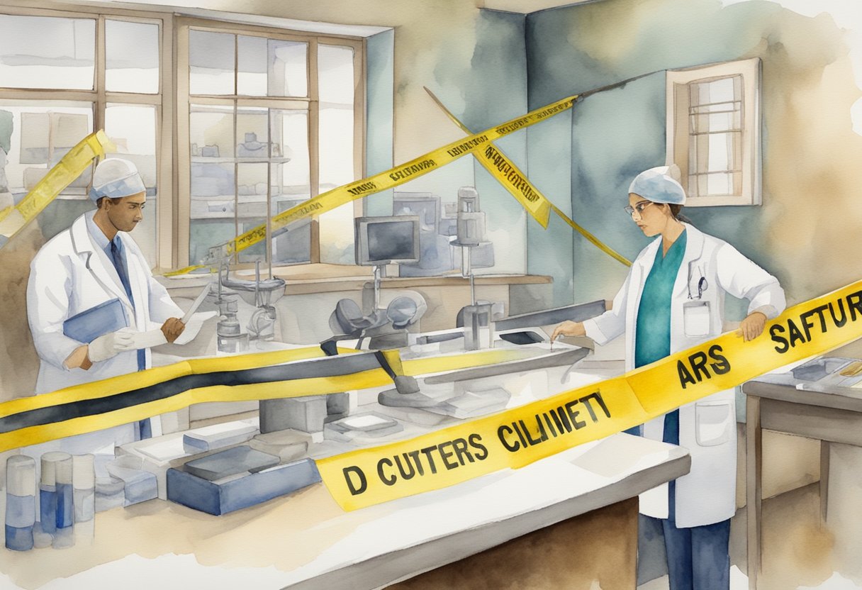 A digital watercolor of doctors working behind a safety barrier