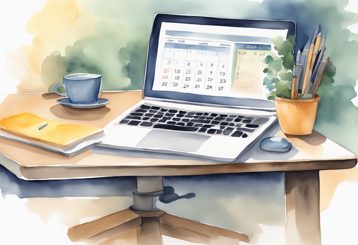 A digital watercolor of a computer and computer desk