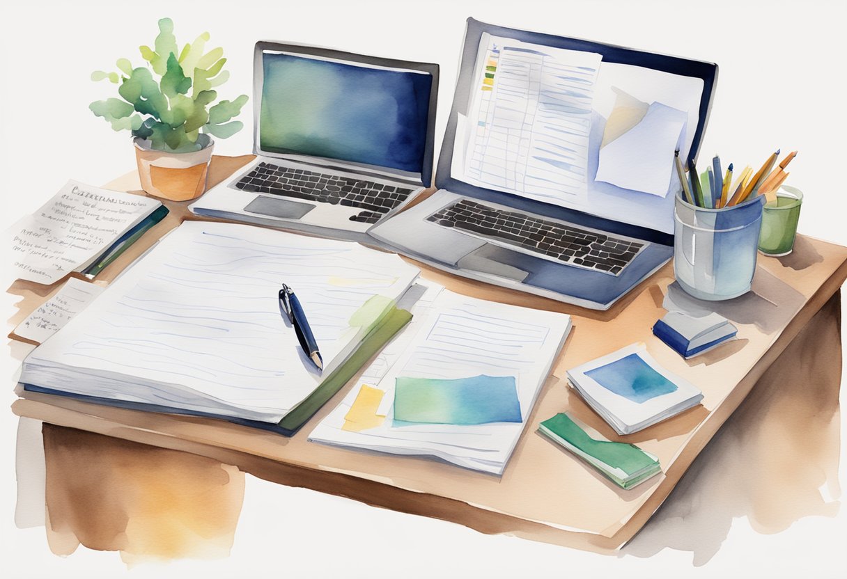 A digital watercolor of a computer workstation with paper work 
