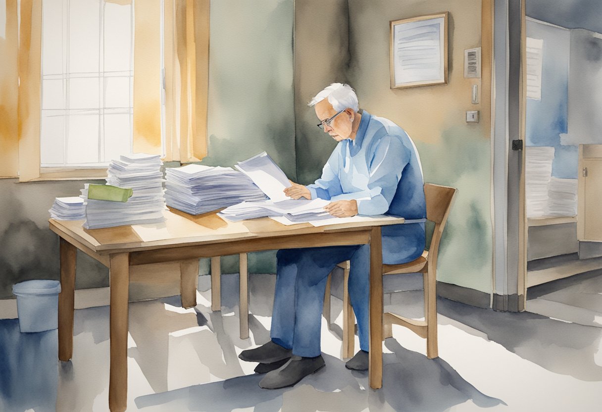 A digital watercolor of a man sorting through paperwork on a table
