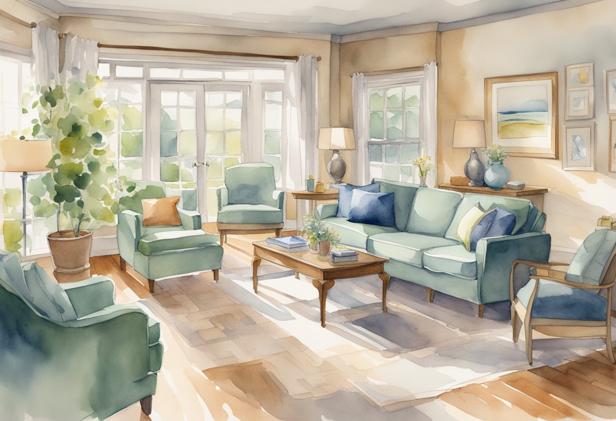 A digital watercolor of a relaxing living room