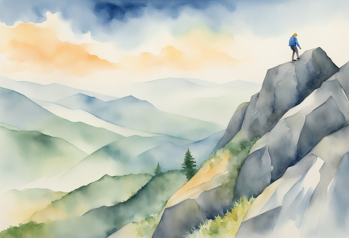 A digital watercolor of a man hiking to the top of a mountain