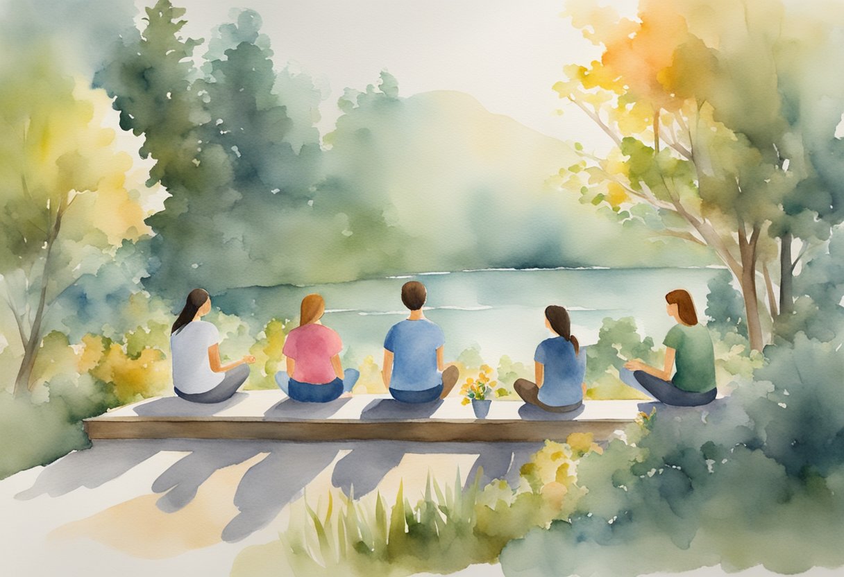 A digital watercolor of five women sitting on a bench in front of a lake