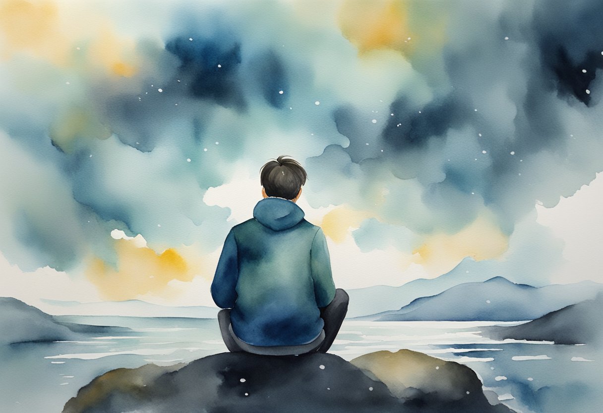 A digital watercolor of a man sitting on a rock in front of a lake