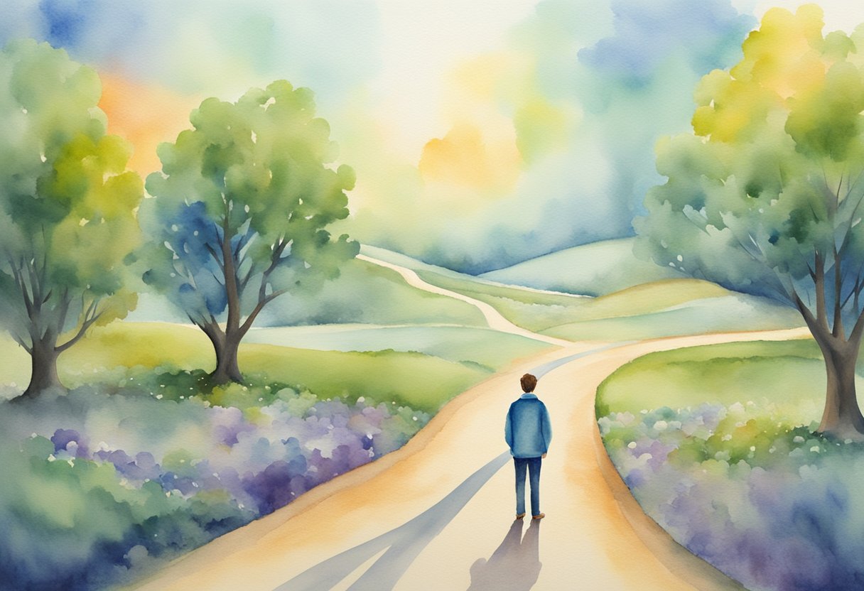 A digital watercolor of a man walking sown a pathway in the golwing light