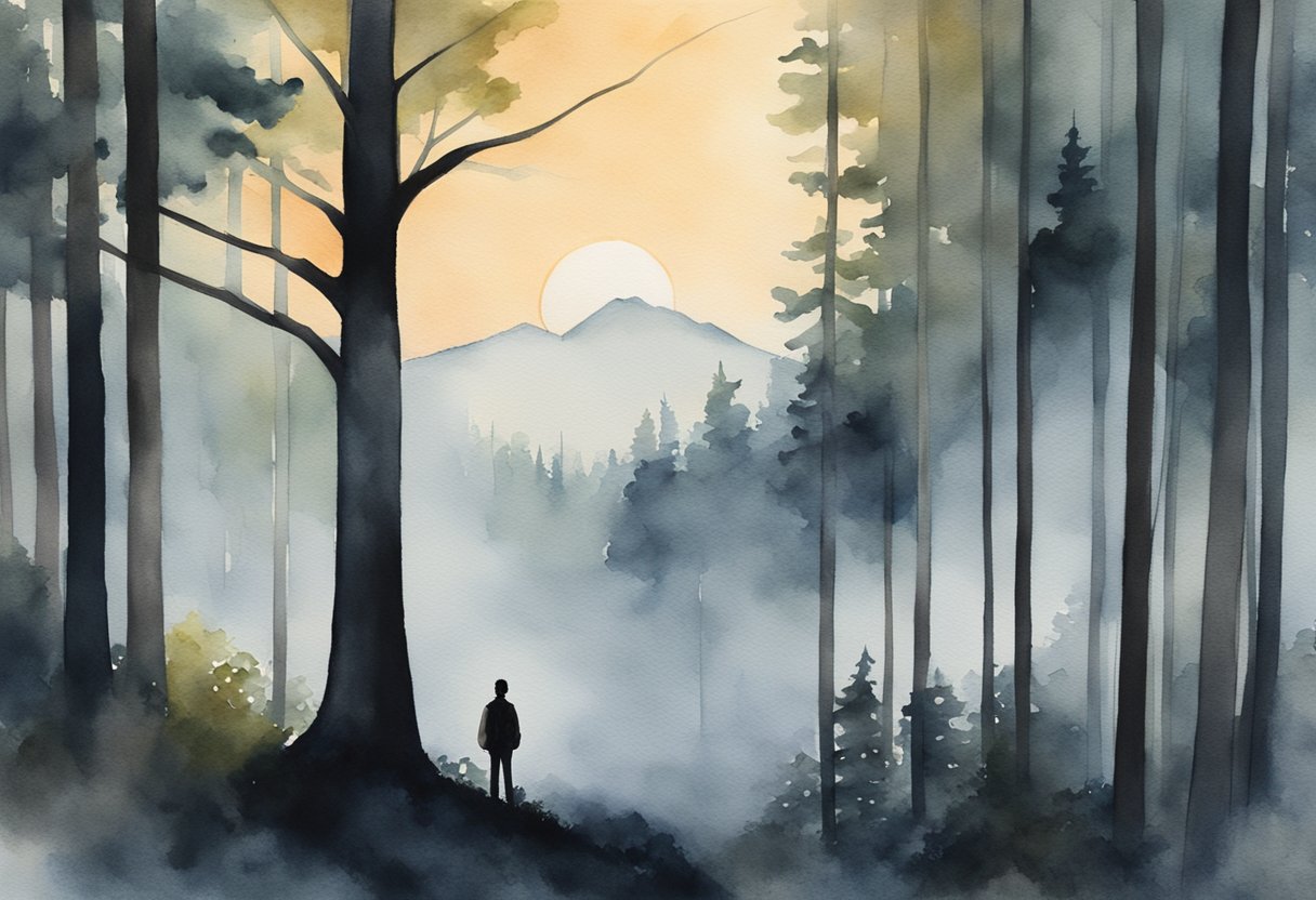 A digital watercolor of a man standing in a dark forest looking at the setting sun.