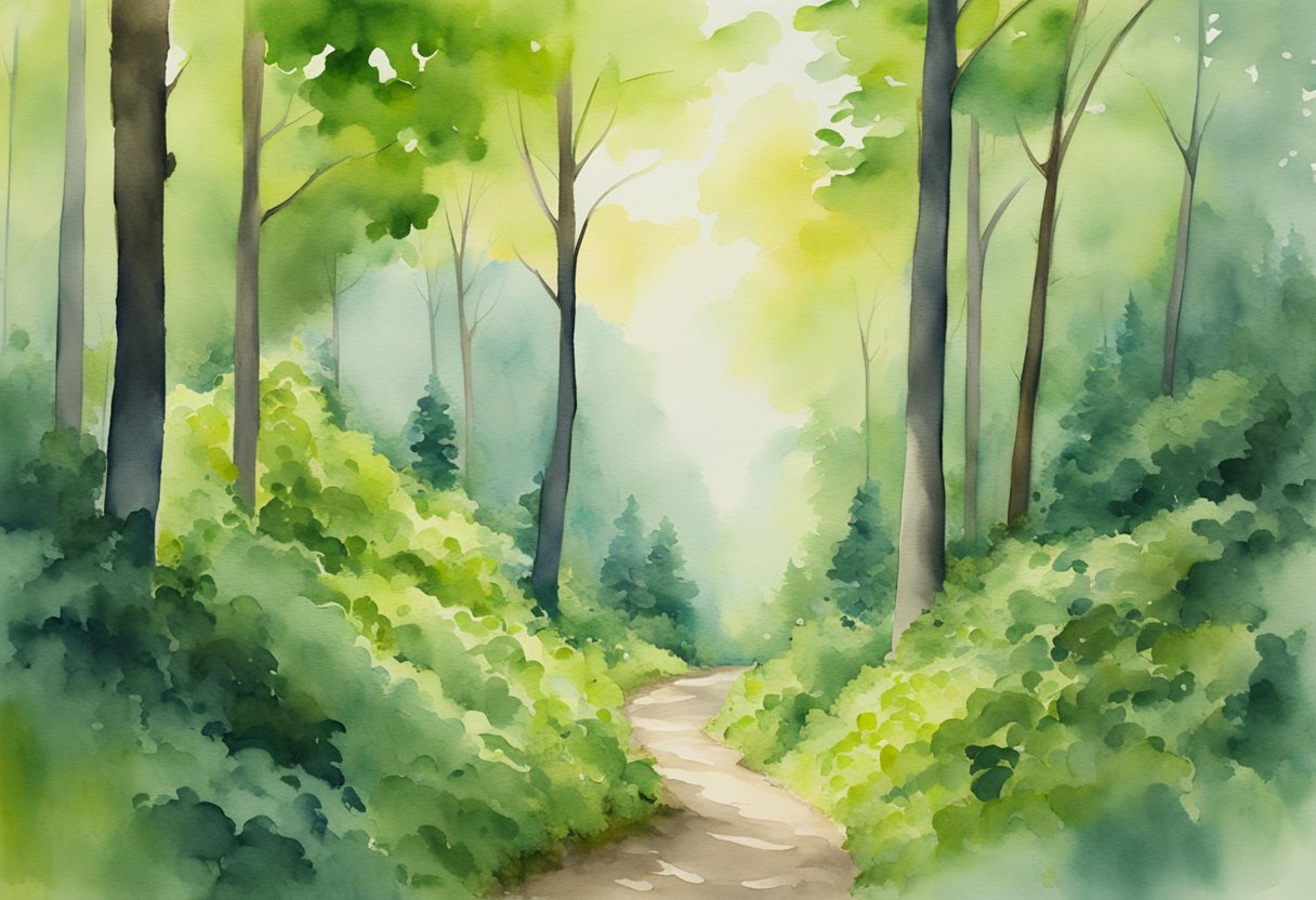 A digital watercolor of a walking path in a forest under the canopy