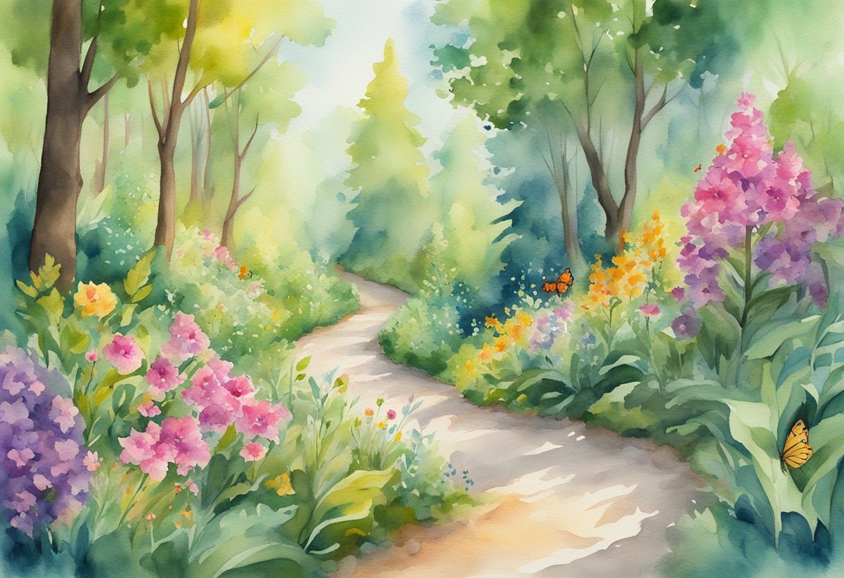 A digital watercolor of a walking path through a forest with colorful flowers and trees