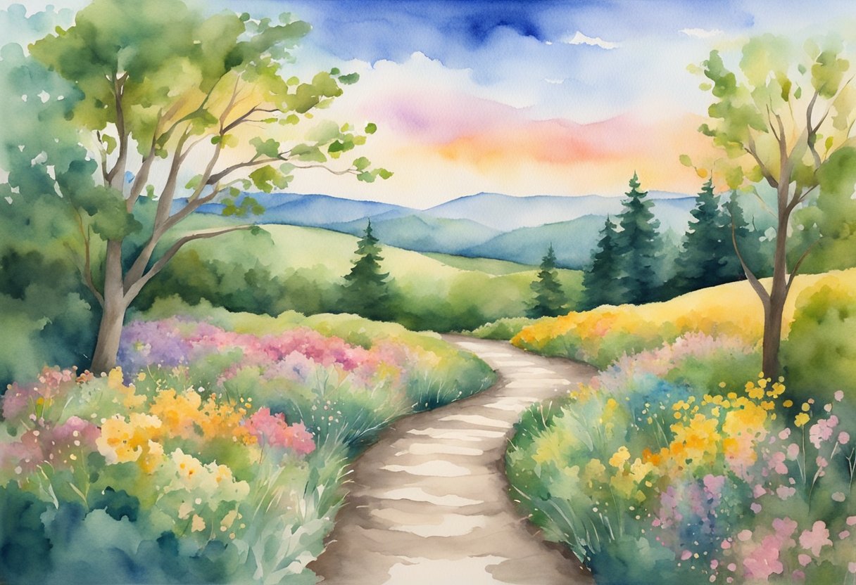 A digital watercolor of a walking path through an open field with colorful flowers