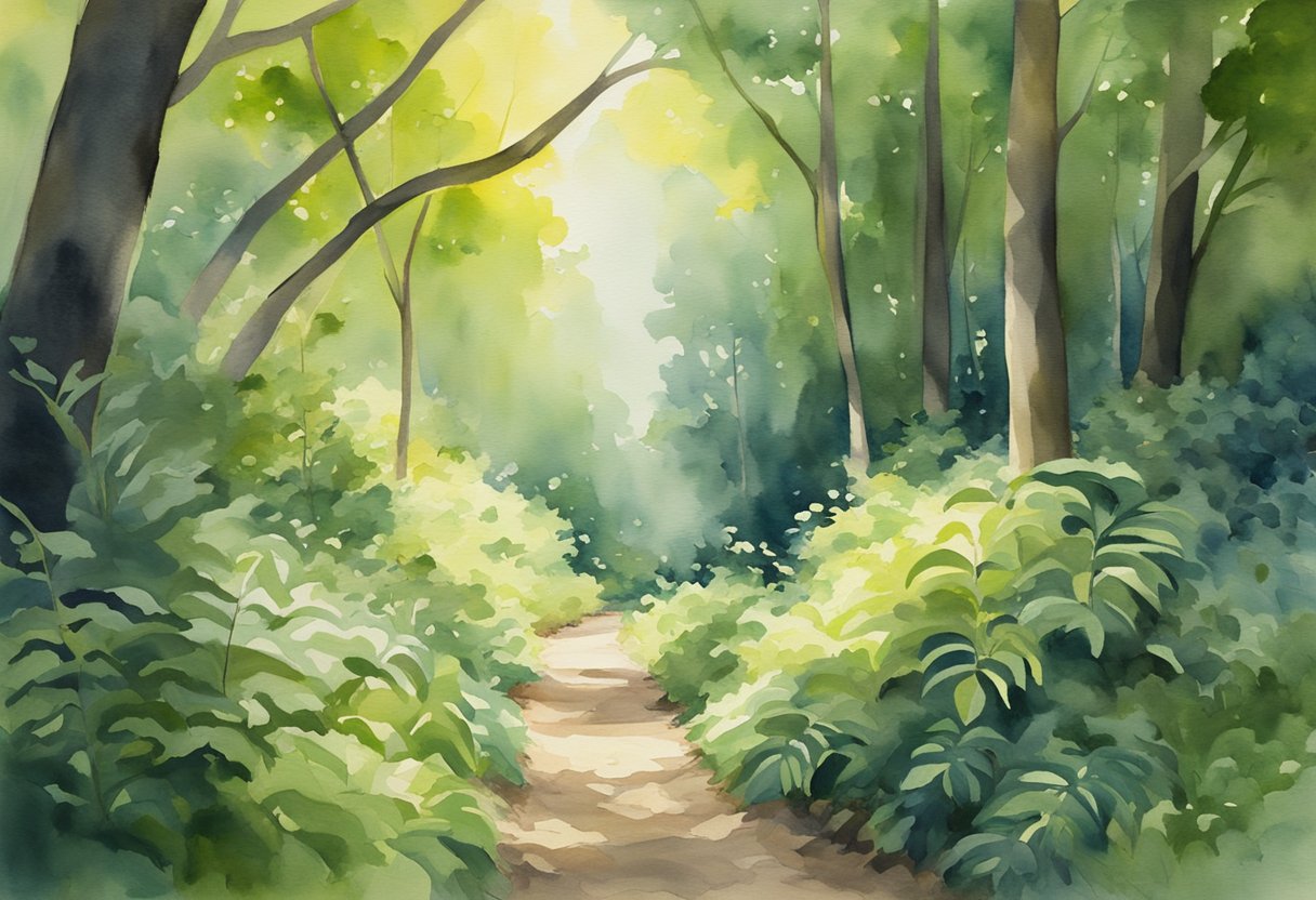 A digital watercolor of a walking path in a dense forest