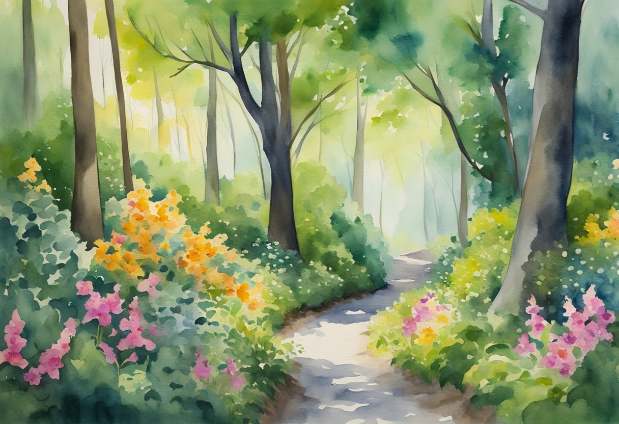 A digital watercolor of a walking path through a forest with flowers