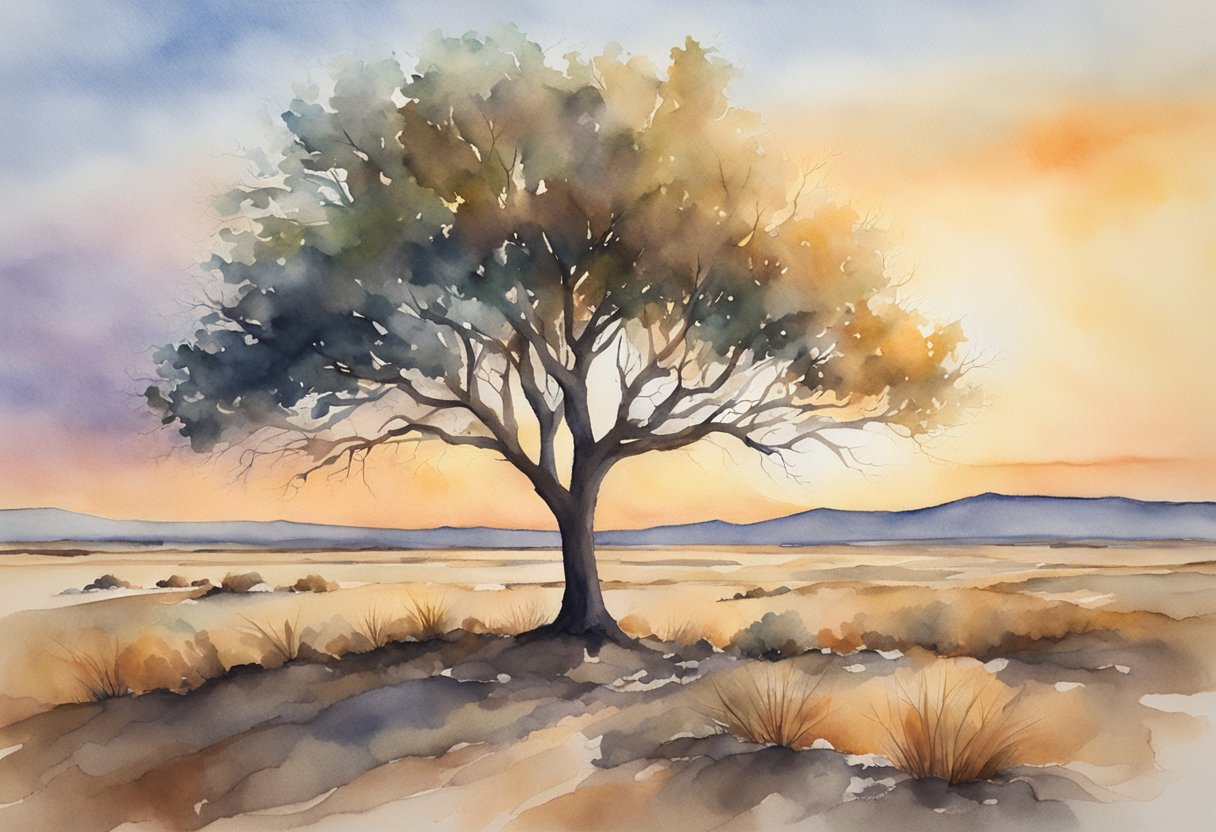 A digital watercolor of a tree growing on the high plains desert