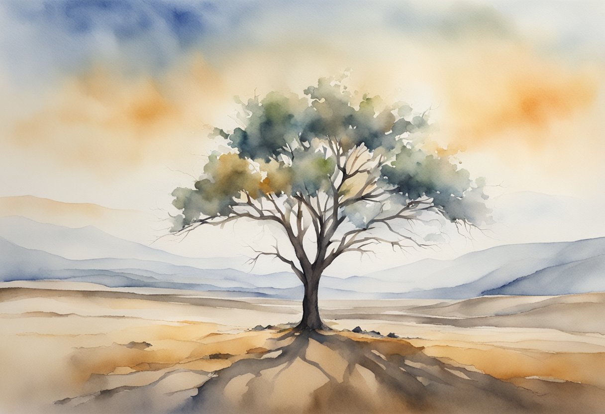 A digital watercolor of a tree in the desert