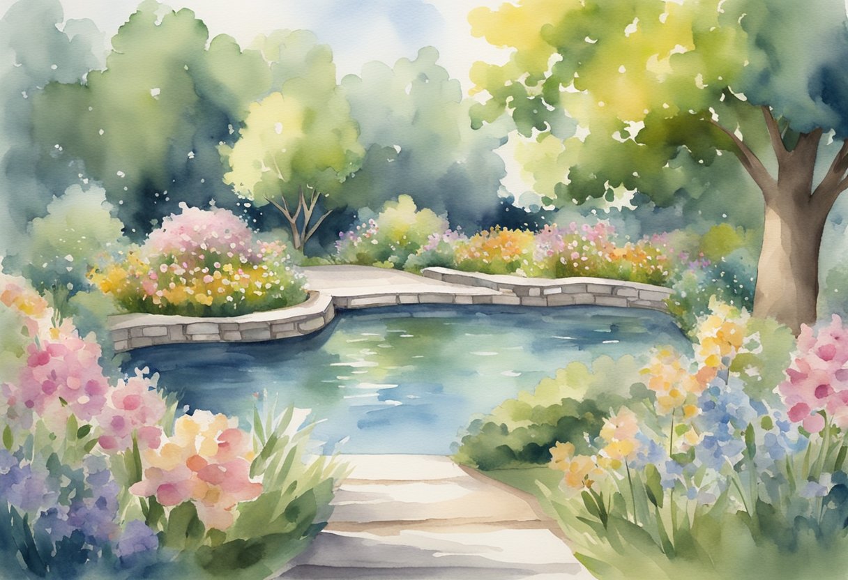 A digital watercolor of a nature excape with water